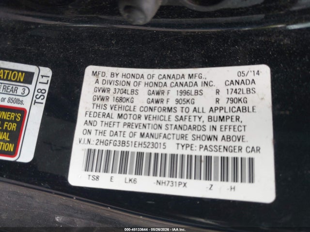 45133644 :رقم المزاد ، 2HGFG3B51EH523015 vin ، 2014 Honda Civic Lx مزاد بيع