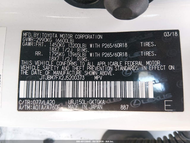 2018 Lexus Gx 460 მანქანა იყიდება აუქციონზე, vin: JTJBM7FX2J5200373, აუქციონის ნომერი: 45133645