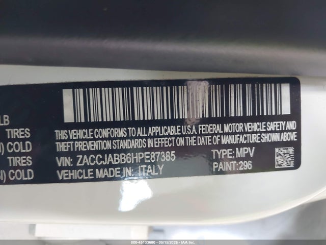 Aukcja sprzedaży 2017 Jeep Renegade Latitude Fwd, vin: ZACCJABB6HPE87385, numer aukcji: 45133680