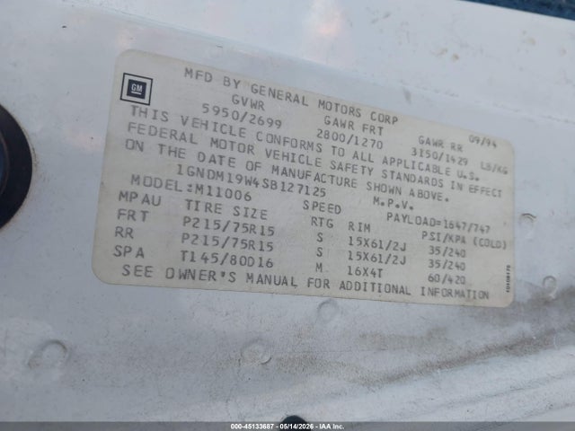Продаж на аукціоні авто 1995 Chevrolet Astro, vin: 1GNDM19W4SB127125, номер лоту: 45133687