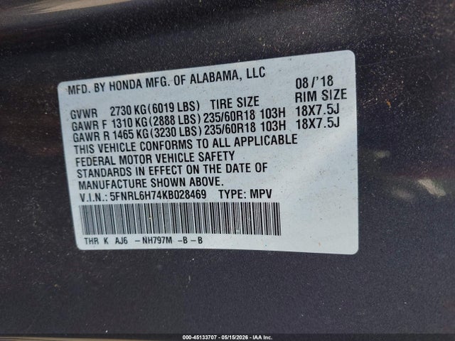 Aukcja sprzedaży 2019 Honda Odyssey Ex-l, vin: 5FNRL6H74KB028469, numer aukcji: 45133707