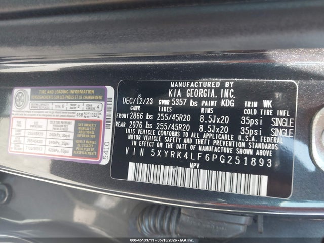 2023 Kia Sorento Sx მანქანა იყიდება აუქციონზე, vin: 5XYRK4LF6PG251893, აუქციონის ნომერი: 45133711