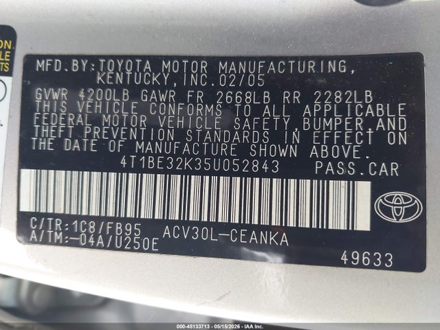 Aukcja sprzedaży 2005 Toyota Camry Std, vin: 4T1BE32K35U052843, numer aukcji: 45133713