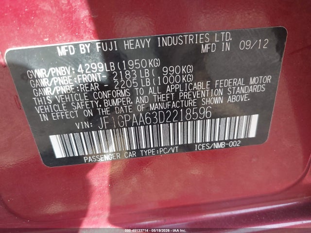 Aukcja sprzedaży 2013 Subaru Impreza 2.0i, vin: JF1GPAA63D2218596, numer aukcji: 45133714