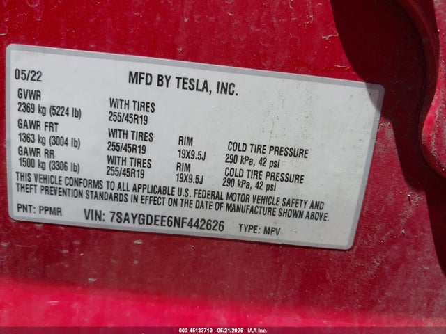45133719 :رقم المزاد ، 7SAYGDEE6NF442626 vin ، 2022 Tesla Model Y Long Range Dual Motor All-wheel Drive مزاد بيع
