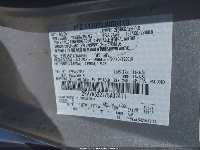 Aukcja sprzedaży 2007 Ford Freestar Sel, vin: 2FMZA52217BA02411, numer aukcji: 45133725