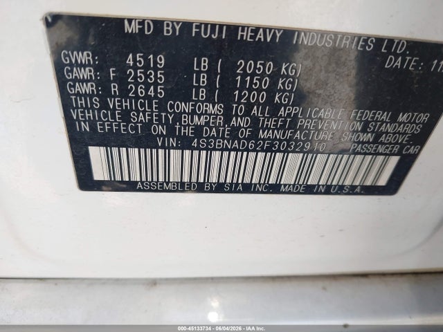 Aukcja sprzedaży 2015 Subaru Legacy 2.5i Premium, vin: 4S3BNAD62F3032910, numer aukcji: 45133734