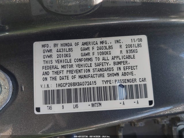2009 Honda Accord 2.4 Ex-l მანქანა იყიდება აუქციონზე, vin: 1HGCP268X9A072415, აუქციონის ნომერი: 45133736