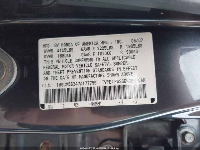 2007 Honda Accord 2.4 Se მანქანა იყიდება აუქციონზე, vin: 1HGCM56347A177799, აუქციონის ნომერი: 45133738