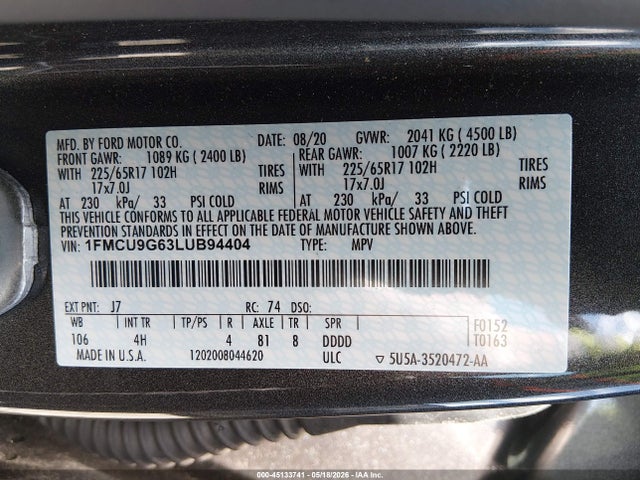 Продажа на аукционе авто 2020 Ford Escape Se, vin: 1FMCU9G63LUB94404, номер лота: 45133741