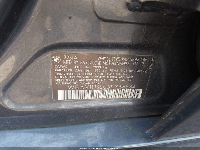 Продаж на аукціоні авто 2006 Bmw 325i, vin: WBAVB13506KX68584, номер лоту: 45133748