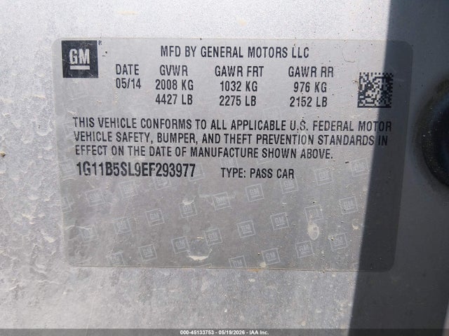 45133753 :رقم المزاد ، 1G11B5SL9EF293977 vin ، 2014 Chevrolet Malibu 1ls مزاد بيع