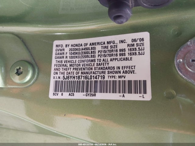 45133754 :رقم المزاد ، 5J6YH18716L014719 vin ، 2006 Honda Element Ex-p مزاد بيع
