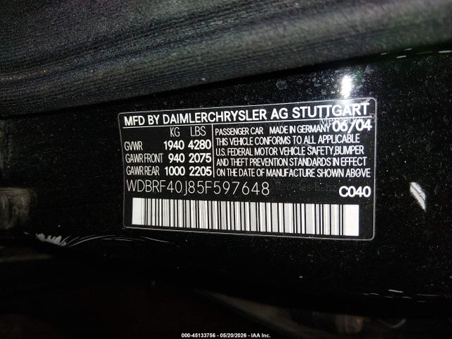 Aukcja sprzedaży 2005 Mercedes-benz C 230 Kompressor Sport, vin: WDBRF40J85F597648, numer aukcji: 45133756