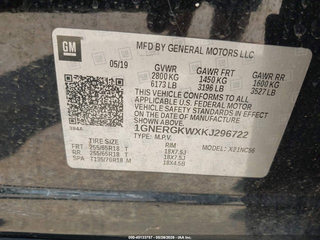 Продаж на аукціоні авто 2019 Chevrolet Traverse 1lt, vin: 1GNERGKWXKJ296722, номер лоту: 45133757
