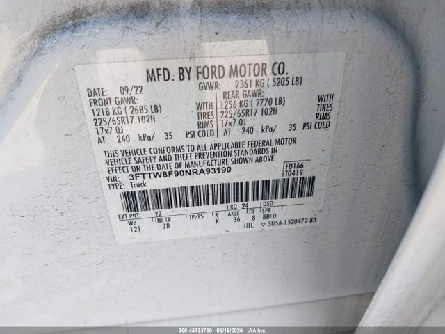 Aukcja sprzedaży 2022 Ford Maverick Xlt, vin: 3FTTW8F90NRA93190, numer aukcji: 45133760
