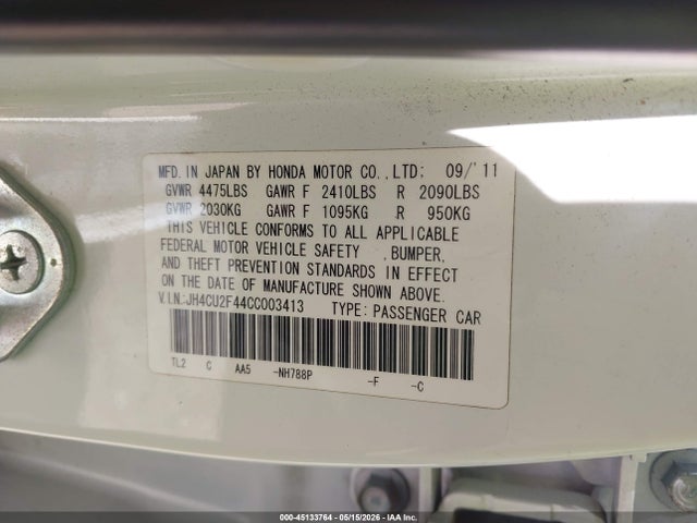 Продажа на аукционе авто 2012 Acura Tsx 2.4, vin: JH4CU2F44CC003413, номер лота: 45133764