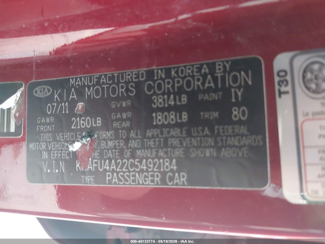 Продажа на аукционе авто 2012 Kia Forte Ex, vin: KNAFU4A22C5492184, номер лота: 45133774