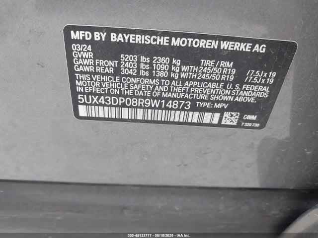 Продажа на аукционе авто 2024 Bmw X3 Sdrive30i, vin: 5UX43DP08R9W14873, номер лота: 45133777