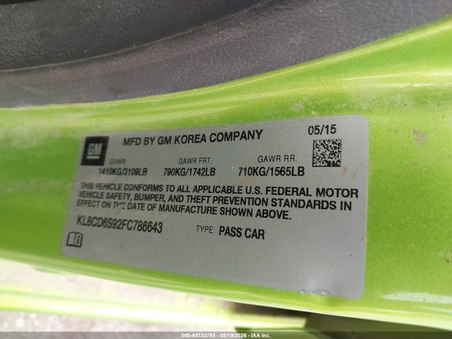 2015 Chevrolet Spark 1lt Cvt მანქანა იყიდება აუქციონზე, vin: KL8CD6S92FC786643, აუქციონის ნომერი: 45133785