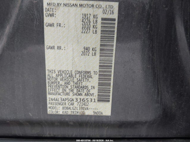 1N4AL3AP5GN336531 Nissan Altima 2.5/2.5 S/2.5 Sl/2.5 Sr/2.5 Sv