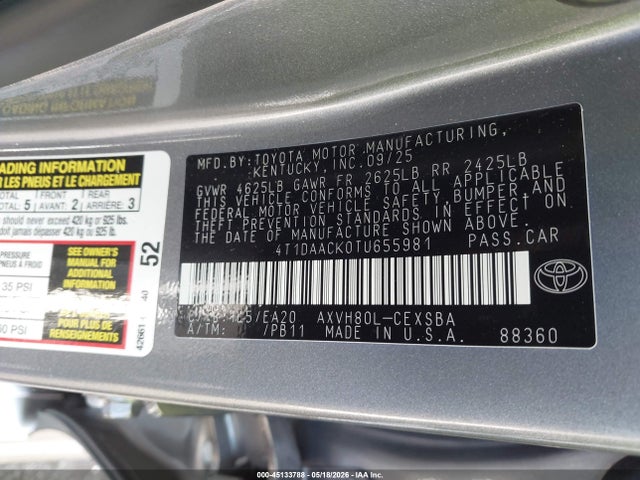 2026 Toyota Camry Se მანქანა იყიდება აუქციონზე, vin: 4T1DAACK0TU655981, აუქციონის ნომერი: 45133788