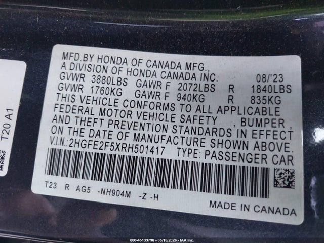 2HGFE2F5XRH501417 Honda Civic Sport