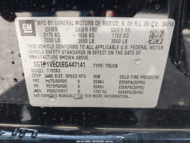 2014 Gmc Sierra 1500 Slt მანქანა იყიდება აუქციონზე, vin: 3GTP1VEC6EG447141, აუქციონის ნომერი: 45133803