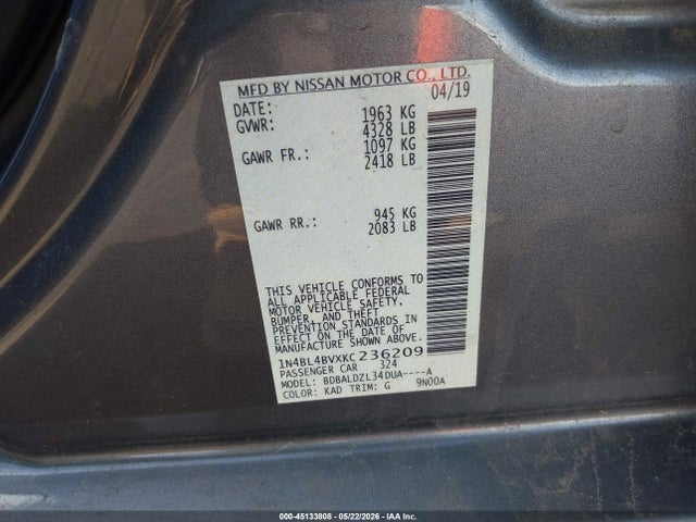 Продаж на аукціоні авто 2019 Nissan Altima 2.5 S, vin: 1N4BL4BVXKC236209, номер лоту: 45133808