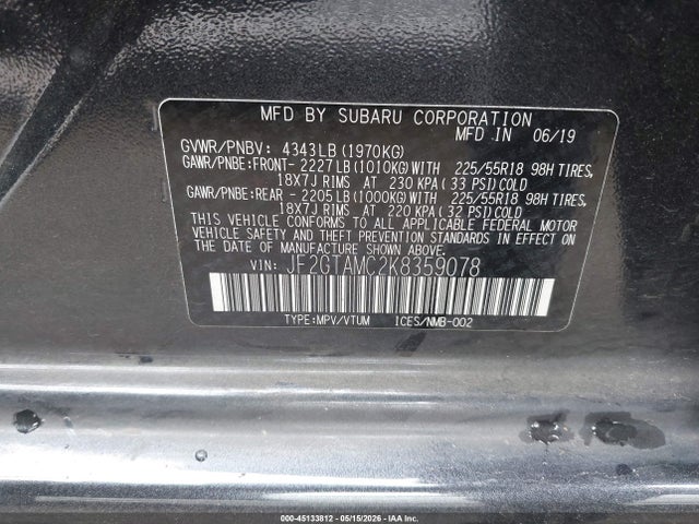 2019 Subaru Crosstrek 2.0i Limited მანქანა იყიდება აუქციონზე, vin: JF2GTAMC2K8359078, აუქციონის ნომერი: 45133812