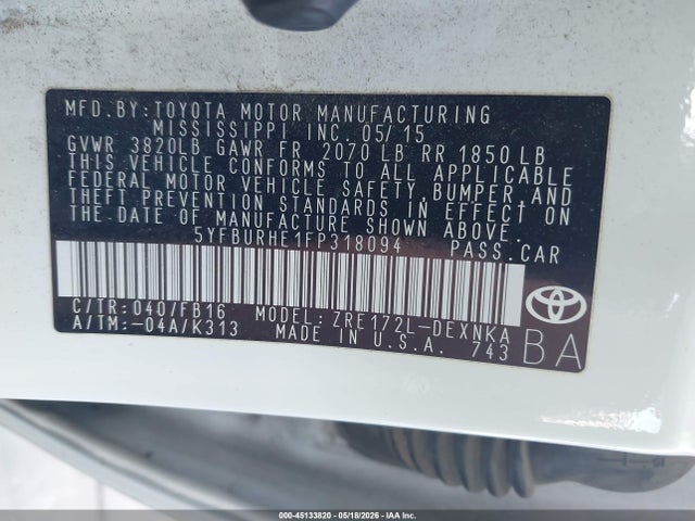 Продажа на аукционе авто 2015 Toyota Corolla Le, vin: 5YFBURHE1FP318094, номер лота: 45133820