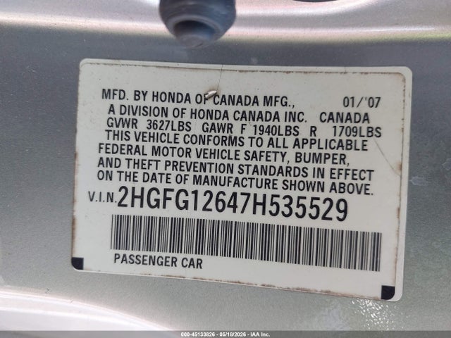 Aukcja sprzedaży 2007 Honda Civic Lx, vin: 2HGFG12647H535529, numer aukcji: 45133826