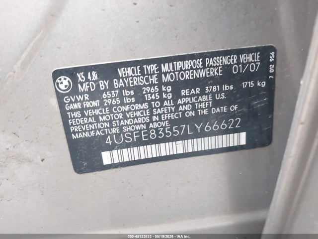 45133833 :رقم المزاد ، 4USFE83557LY66622 vin ، 2007 Bmw X5 4.8i مزاد بيع