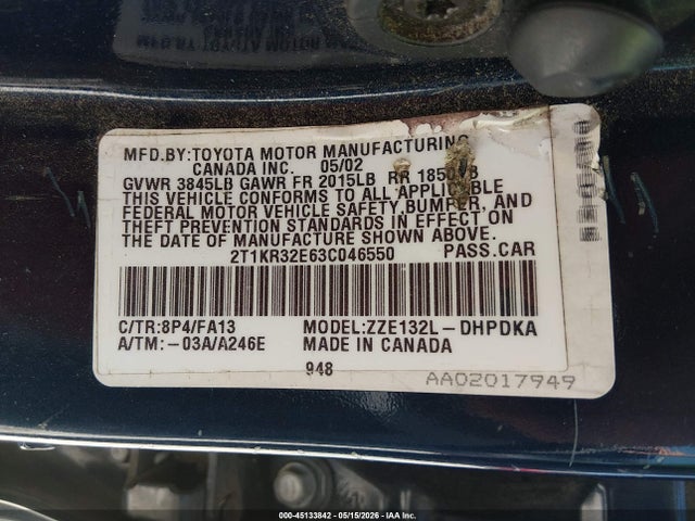 Aukcja sprzedaży 2003 Toyota Matrix Standard, vin: 2T1KR32E63C046550, numer aukcji: 45133842