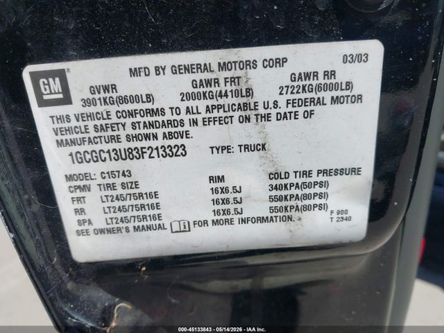 2003 Chevrolet Silverado 1500hd Ls მანქანა იყიდება აუქციონზე, vin: 1GCGC13U83F213323, აუქციონის ნომერი: 45133843