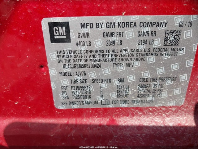 2019 Buick Encore Awd Essence მანქანა იყიდება აუქციონზე, vin: KL4CJGSM5KB700424, აუქციონის ნომერი: 45133859