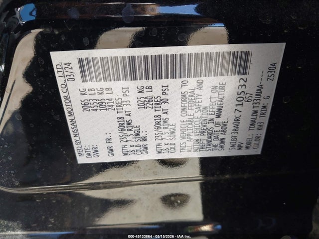 45133864 :رقم المزاد ، 5N1BT3BA0RC710532 vin ، 2024 Nissan Rogue Sv Fwd مزاد بيع