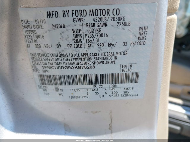 45133865 :رقم المزاد ، 1FMCU0DG9AKB78208 vin ، 2010 Ford Escape Xlt مزاد بيع