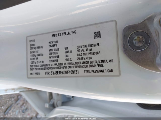 Aukcja sprzedaży 2022 Tesla Model 3 Long Range Dual Motor All-wheel Drive, vin: 5YJ3E1EB0NF169121, numer aukcji: 45133879