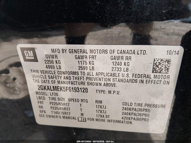 Продажа на аукционе авто 2015 Gmc Terrain Sle-1, vin: 2GKALMEK5F6193120, номер лота: 45133884