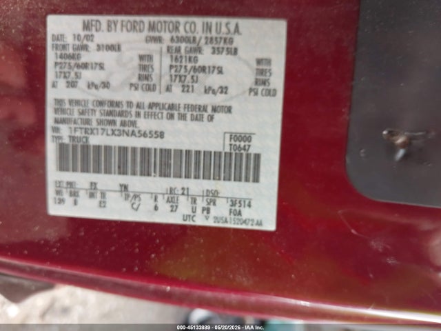 Aukcja sprzedaży 2003 Ford F-150 Lariat/xl/xlt, vin: 1FTRX17LX3NA56558, numer aukcji: 45133889