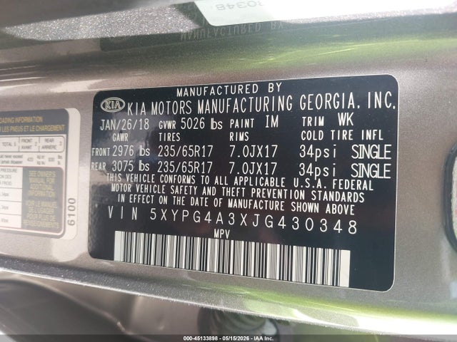 45133898 :رقم المزاد ، 5XYPG4A3XJG430348 vin ، 2018 Kia Sorento 2.4l L مزاد بيع