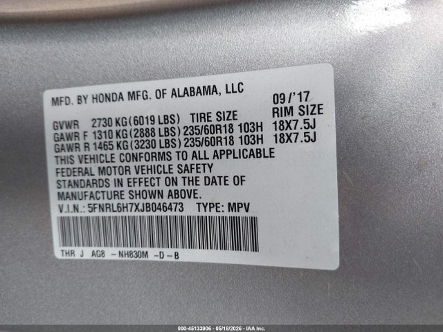 5FNRL6H7XJB046473 Honda Odyssey Ex-l