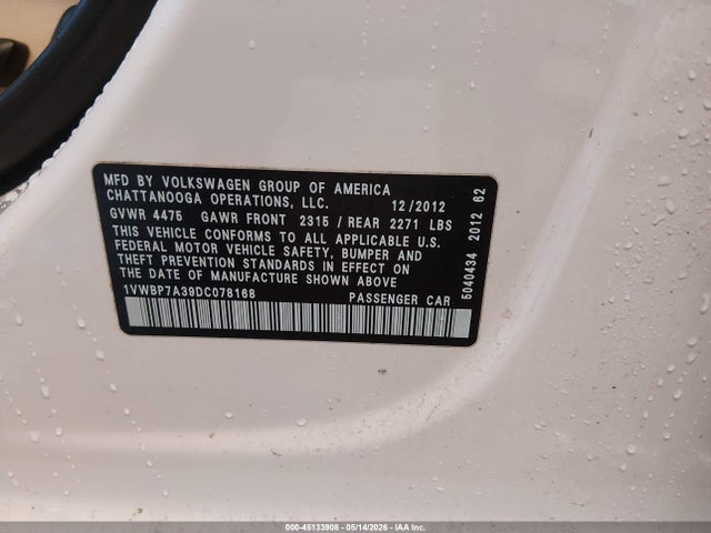 Aukcja sprzedaży 2013 Volkswagen Passat 2.5l Se, vin: 1VWBP7A39DC078168, numer aukcji: 45133908