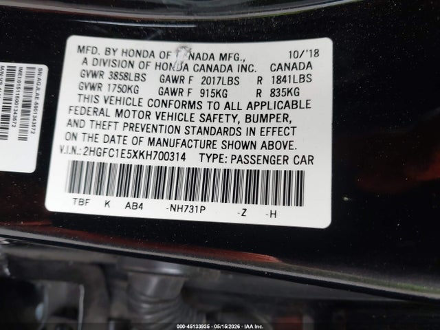 Продаж на аукціоні авто 2019 Honda Civic Si, vin: 2HGFC1E5XKH700314, номер лоту: 45133935