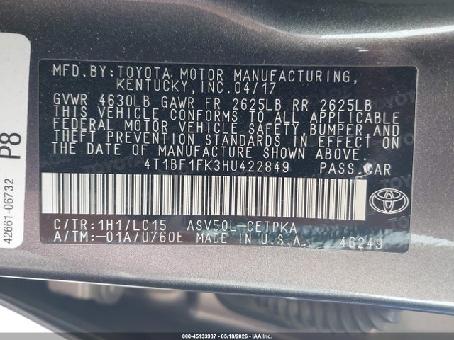 Toyota CAMRY XSE 2017 4T1BF1FK3HU422849 Image 9