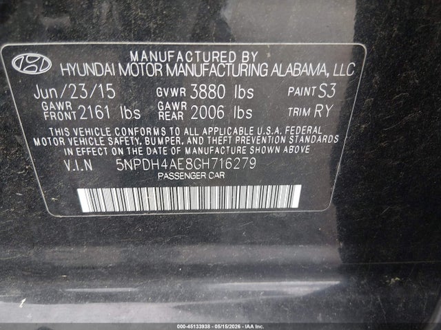 Aukcja sprzedaży 2016 Hyundai Elantra Value Edition, vin: 5NPDH4AE8GH716279, numer aukcji: 45133938