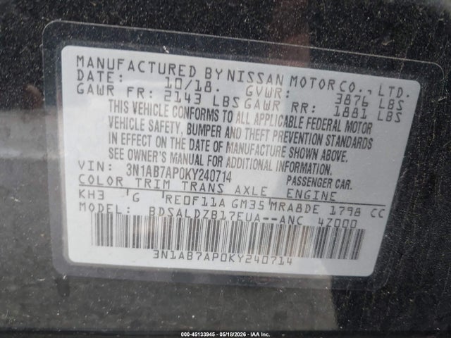 Продаж на аукціоні авто 2019 Nissan Sentra Sv, vin: 3N1AB7AP0KY240714, номер лоту: 45133945