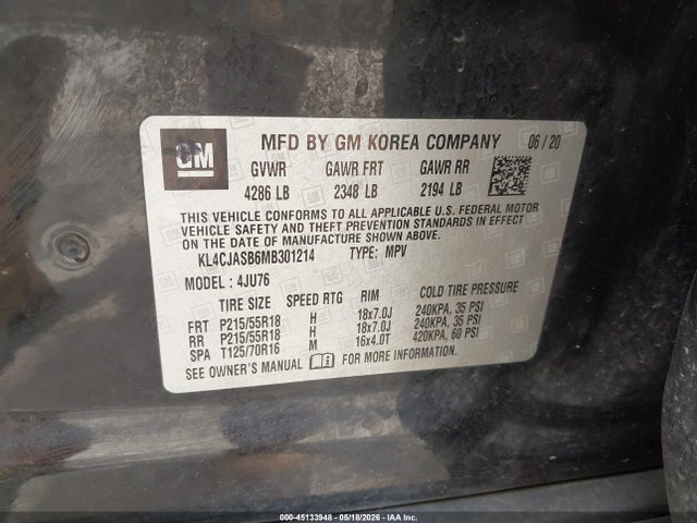 45133948 :رقم المزاد ، KL4CJASB6MB301214 vin ، 2021 Buick Encore Fwd Preferred مزاد بيع