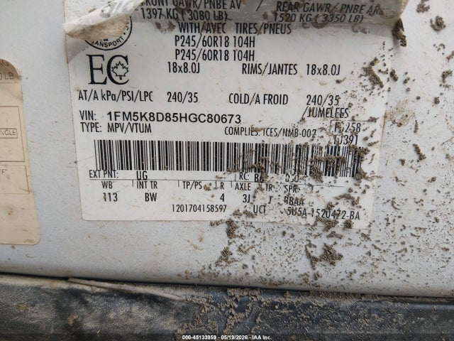 45133959 :رقم المزاد ، 1FM5K8D85HGC80673 vin ، 2017 Ford Explorer Xlt مزاد بيع